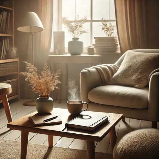 A serene living space with cozy, neutral tones, candles, and a book, evoking a sense of calm and personal space.